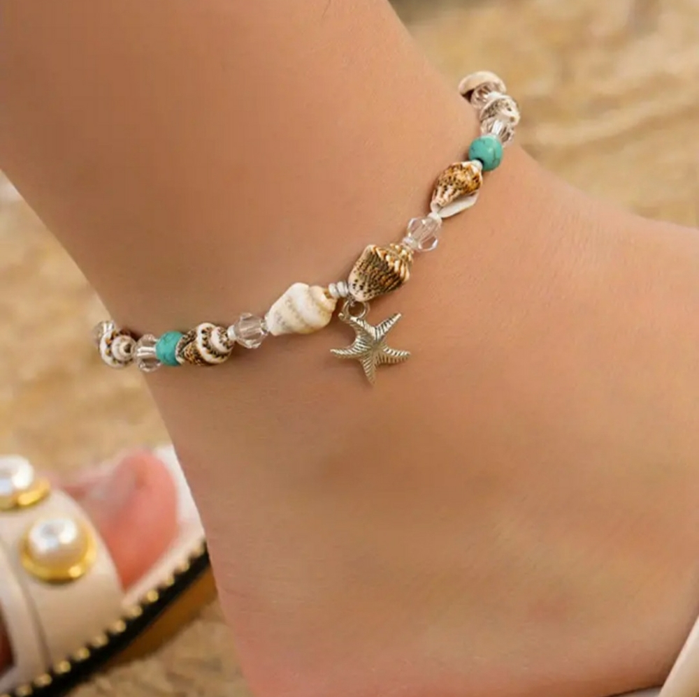 NEW Silver Starfish and Seashells Beaded Anklet with Turquoise Beads